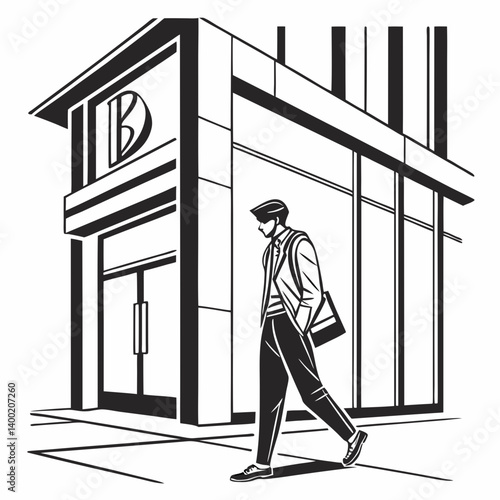 Fashionable Urban Man Walking Building B Logo Black and White Illustration