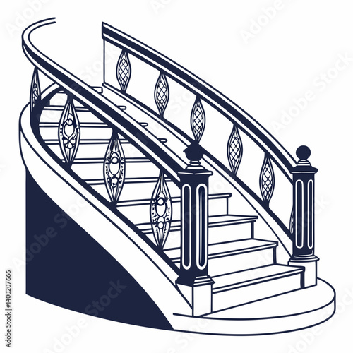 Elegant Curved Staircase with Railing Vector Line Art Stairs Design Home Interior