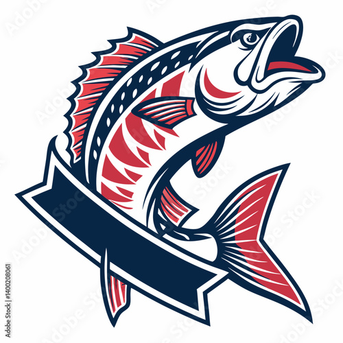 Red and Blue Leaping Bass Fish Cartoon Logo Vector Graphic - Jumping Mascot Illustration with Banner for Fishing Sports Team Emblem Artwork