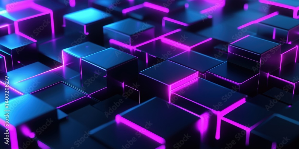 3D render of dark cubes with glossy surfaces and vivid neon edges in shades of magenta and blue, creating a sci-fi tech environment with depth and glow 3D render of dark cubes with glossy surfaces and vivid neon edges in shades of magenta and blue, creating a sci-fi tech environment with depth and glow