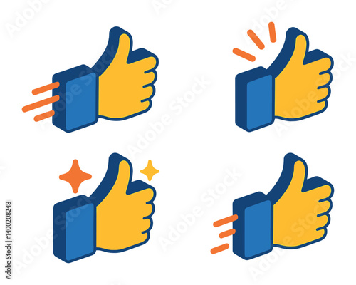 Isometric flat vector set of icons of thumbs up with motion: thumb with swipe lines, action icon, dynamic approval, burst around thumb, animated feedback, gesture with spark, excited thumbs, moving
