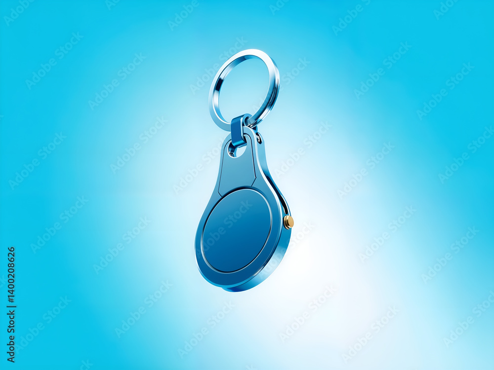 Modern RFID keychain with rounded design isolated on blue background, ideal for access and identity themes. Generative AI