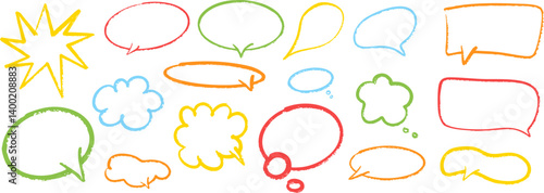 Set of colorful hand drawn speech bubbles and comic elements. Ideal for kids, comics, chat, fun design, or playful decoration on transparent background. Vector EPS 10