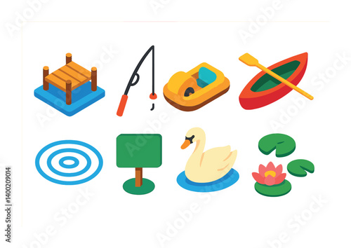 Isometric flat vector set of icons of lake parks: dock icon, fishing pole, paddle boat, canoe icon, water ripples, lake sign, swan, lily pads. isolated transparent background.