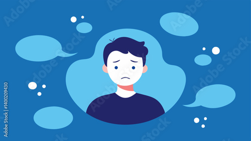 Drowning in Thoughts A figure submerged in water labeled with negative thoughts e.g. Ill never succeed showing how overwhelming thoughts can drown personal aspirations.