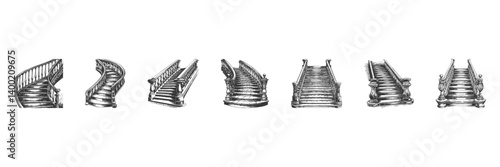 Vintage Staircase Designs Illustration Set. Architectural Elegance And Interior Design Concepts In Hand Drawn Sketch Style. Isolated Vector Illustration