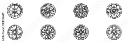 Vintage Rosette Ornament Collection Illustration Set. Decorative Architectural Elements In Hand Drawn Sketch Style. Isolated Vector Illustration
