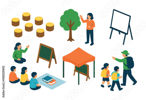 Isometric flat vector set of icons of outdoor classrooms: log seating, teacher with tree, whiteboard on stand, chalkboard sign, group learning, open tent classroom, books on blanket, field trip icon.