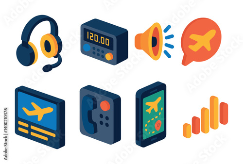 Isometric flat vector set of icons of airplane communication: pilot headset, cockpit radio, speaker icon, announcement bubble, flight updates, intercom device, flight tracking, sound wave icon.