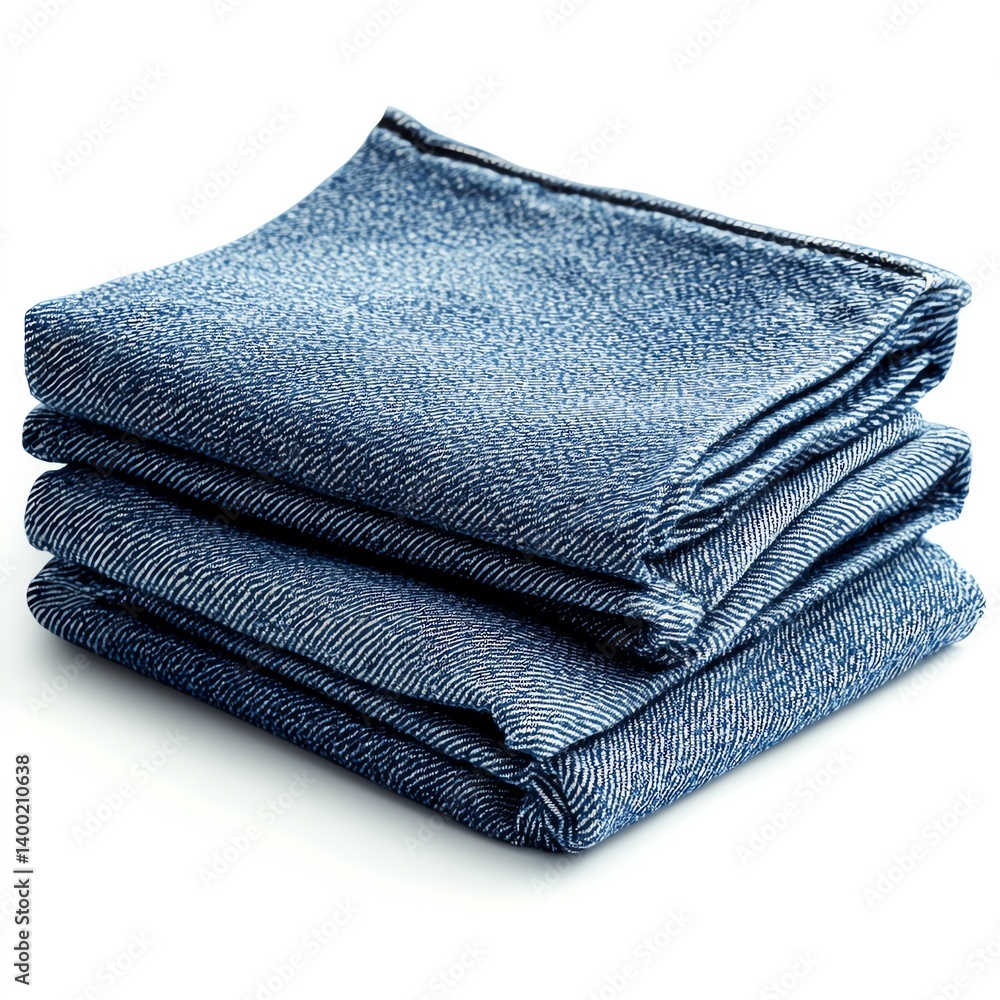 Stacked denim fabric, neatly folded, showcasing its texture and rich indigo blue hue against a clean white background. Stacked denim fabric, neatly folded, showcasing its texture and rich indigo blue hue against a clean white background.