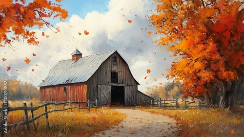 Rustic barn amidst vibrant foliage painting, evoking a sense of autumn tranquility