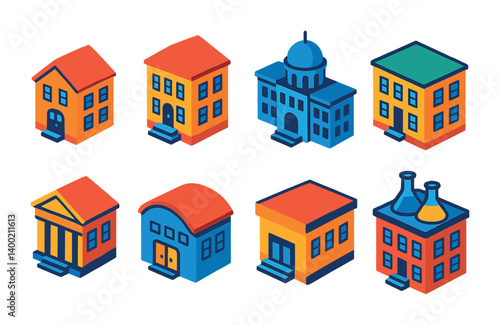 Isometric flat vector set of icons of personal location uses: home pin, work location, gym, favorite café, friend’s house, meeting point, delivery address, school pin. isolated transparent background