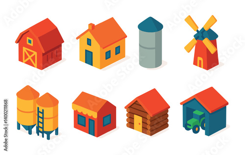 Isometric flat vector set of icons of rural buildings: barn, farmhouse, silo, windmill, grain storage, rural shop, log cabin, tractor garage. . , icons isolated transparent background.