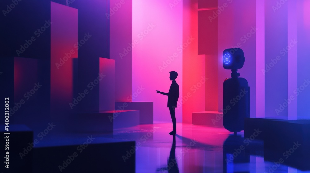 A futuristic scene depicting a human and a robot sitting across from each other, symbolizing interaction between humans and technology. A futuristic scene depicting a human and a robot sitting across from each other, symbolizing interaction between humans and technology.