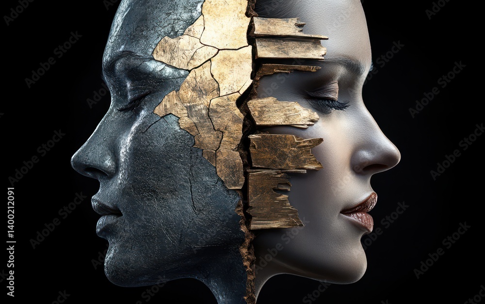 Woman adorned with a golden headpiece, showcasing a unique artistic expression.