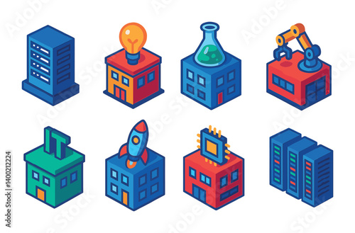 Isometric flat vector set of icons of tech buildings: data center, innovation hub, research lab, robotics facility, IT park, startup office, AI institute, server room. isolated transparent background