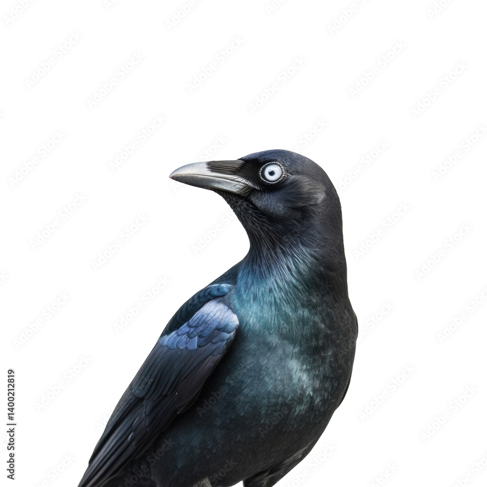 Obraz premium Great-tailed Grackle bird isolated on white background wildlife photography exotic bird black colorful feathers nature animals ornithology birdwatching avian fauna corvid crow raven wild animal
