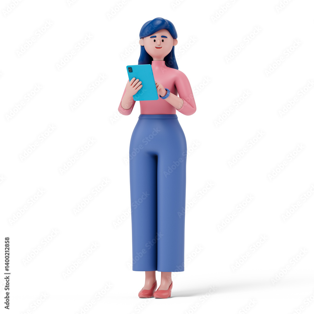 A woman holds a tablet, symbolizing modern technology use or digital reading. 3D rendering, conceptual image. Isolated on white background. A woman holds a tablet, symbolizing modern technology use or digital reading. 3D rendering, conceptual image. Isolated on white background.