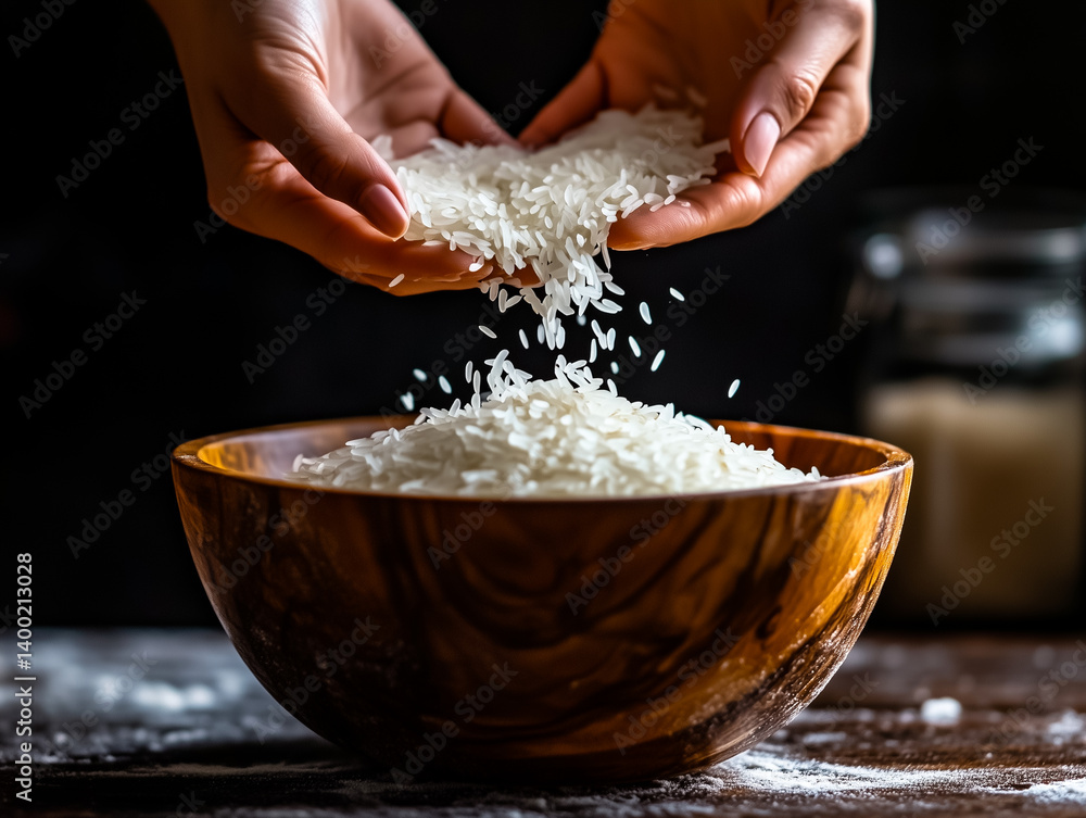 Fototapeta premium A close-up of hands pouring rice into a wooden bowl, emphasizing the texture and organic feel of the grains, perfect for culinary themes.