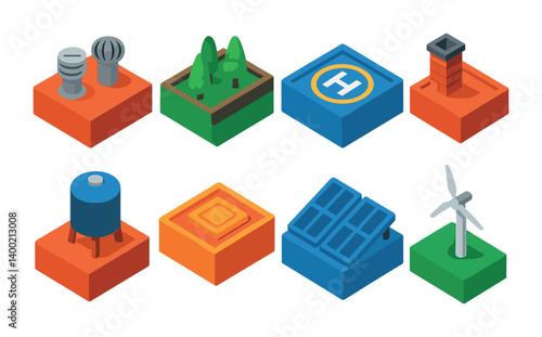 Isometric flat vector set of icons of building rooftops features: air vents, rooftop garden, helipad icon, chimney stack, water tank, maintenance hatch, solar grid, wind turbine. isolated transparent