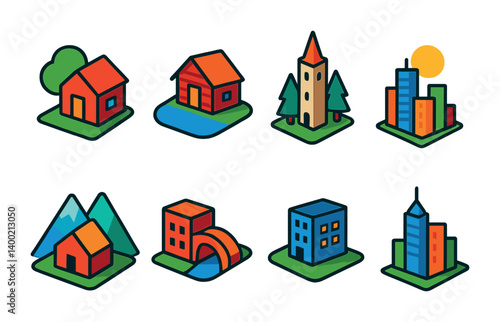 Isometric flat vector set of icons of UI customization settings: theme, wallpaper, font size, layout grid, icons pack, transparency, dark mode, animation speed. ., icons in a modern, minimalist