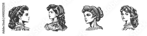 Vintage Female Portraits Illustration Set In Victorian Style. Elegance And Historical Fashion In Hand Drawn Sketch Style. Isolated Vector Illustration