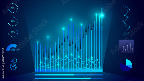 Data visualization with bar and line graphs, circular progress indicators and abstract graphical elements, tracking and analysis of dynamic metrics. Trends, financial reports. Vector illustration