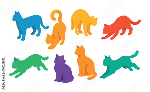 Isometric flat vector set of icons of cat silhouettes: full-body silhouette, curled tail, arched back, stalking form, pouncing outline, fluffy shape, sitting profile, running shape. isolated