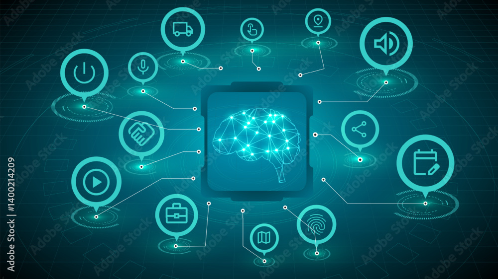 Digital brain surrounded by business icons symbolizing interaction between AI, logistics, communication, and finance in modern enterprise systems. Vector illustration. Concept of business