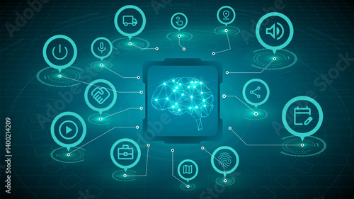 Obraz na płótnie Digital brain surrounded by business icons symbolizing interaction between AI, logistics, communication, and finance in modern enterprise systems. Vector illustration. Concept of business w salonie