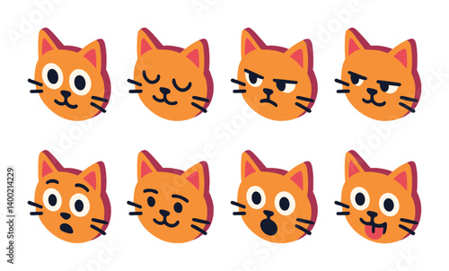 Isometric flat vector set of icons of stray cats: alley cat, sitting on trash can, torn ear, hungry expression, sleeping on sidewalk, rainy cat, narrow eyes, looking around. isolated transparent