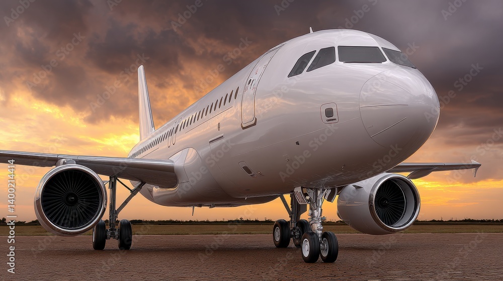 Commercial jet on runway at sunrise with dramatic sky and warm lighting illustrating morning travel aviation scene and global transportation dynamics Commercial jet on runway at sunrise with dramatic sky and warm lighting illustrating morning travel aviation scene and global transportation dynamics