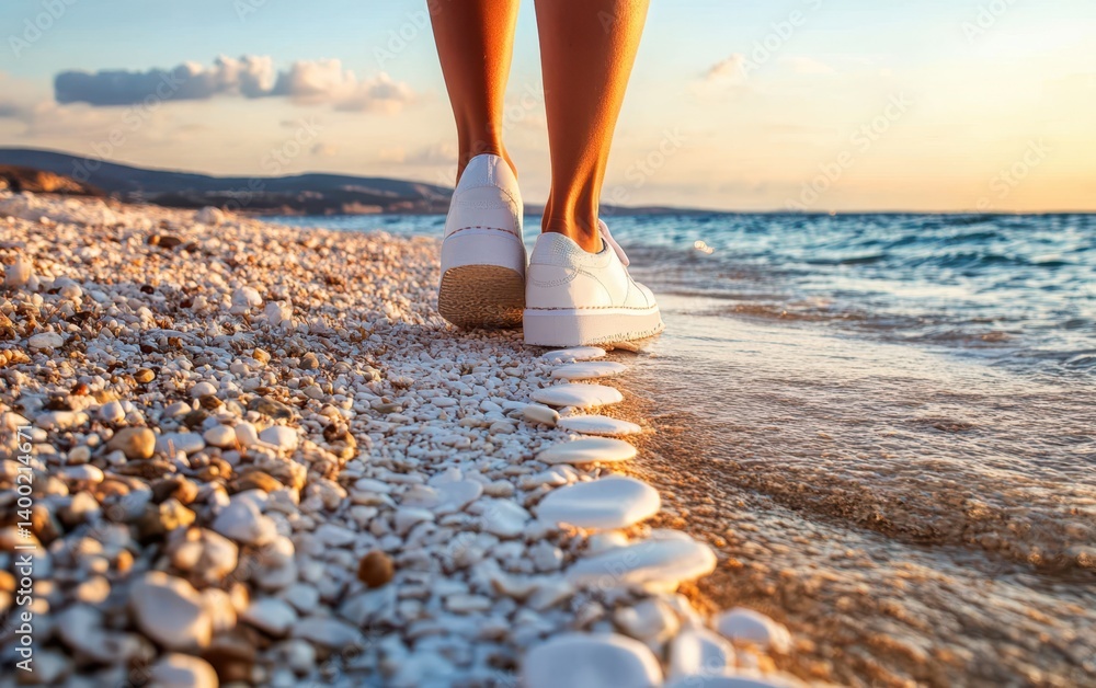 Aa strolls along a pebbly beach with sand scattered around.