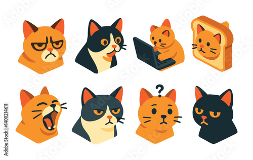 Isometric flat vector set of icons of cat memes: grumpy face, dramatic cat, laptop typing, bread cat, screaming cat, judgement stare, confused cat, side-eye cat. isolated transparent background.