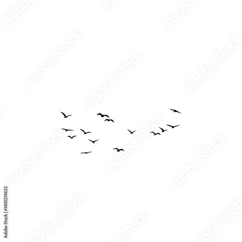 A flock of birds soaring gracefully in the sky, isolated on a white background for easy design integration.