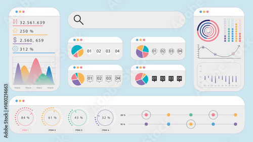 Modern dashboard interface with infographic rings, pie charts, line graphs, and numerical analysis visuals. Concept of finance, productivity, performance. Vector illustration.
