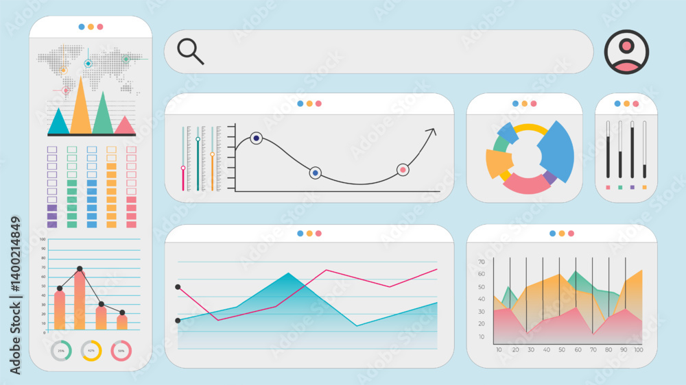 Flat dashboard with world map analysis, sliders, pie segments, performance graphs and user interface metrics. Concept of business intelligence, finances, data visualization. Vector illustration.