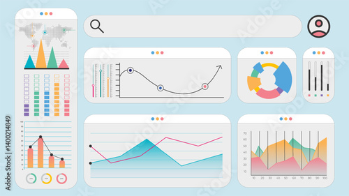 Obraz na płótnie Flat dashboard with world map analysis, sliders, pie segments, performance graphs and user interface metrics. Concept of business intelligence, finances, data visualization. Vector illustration. w salonie
