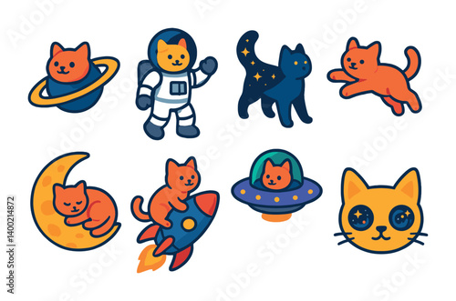 Cute space cats icon set – adorable astronaut felines in a linear style