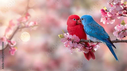 Parakeet love birds among cherry blossoms