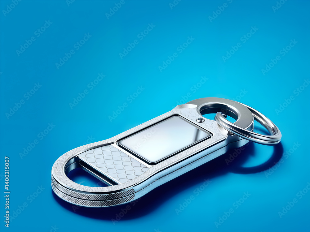 Sleek modern keychain with rectangular shape on blue background, perfect for product branding mockups. Generative AI