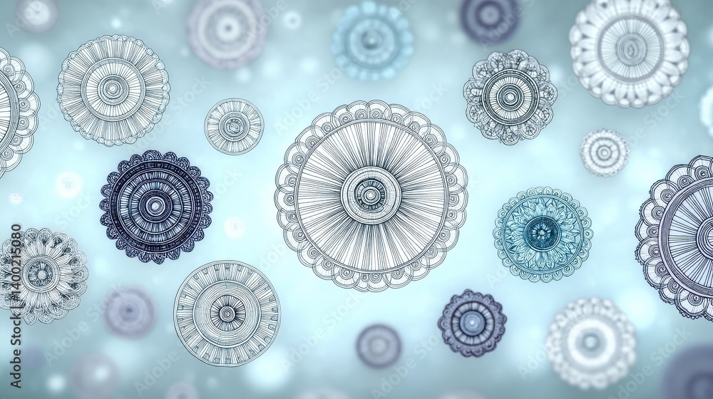Pattern of soft blue and white circular abstract gears and ornamental mechanics over light background suggesting digital mechanism structure and calm aesthetics Pattern of soft blue and white circular abstract gears and ornamental mechanics over light background suggesting digital mechanism structure and calm aesthetics