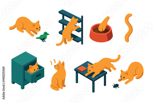 Isometric flat vector set of icons of cat instincts: stalking bird, climbing shelf, paw in bowl, tail swish, hiding in drawer, sniffing air, jumping on desk, hunting bug. isolated transparent