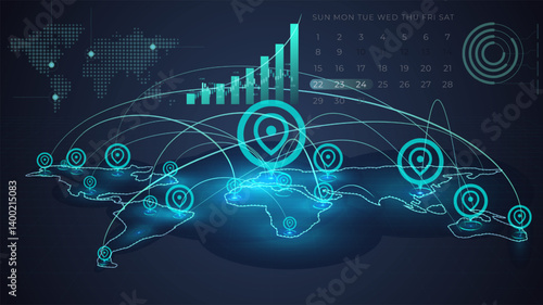 Global logistics and data distribution network with bar graphs, location markers, and candlestick graphs for daily trading data. Concept of innovation, global business, finance. Vector illustration.