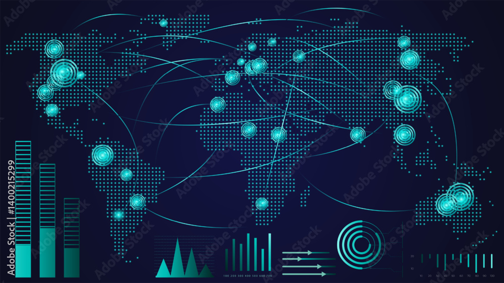Digital map with glowing nodes and lines connecting data points globally, surrounded by bar charts and circular indicators. Concept of global connectivity, innovation, data flow. Vector illustration.