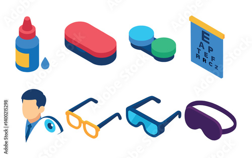 Isometric flat vector set of icons of eye care: eye drops, glasses case, contact case, eye test chart, doctor with eye, prescription lens, protective goggles, sleep mask. isolated transparent