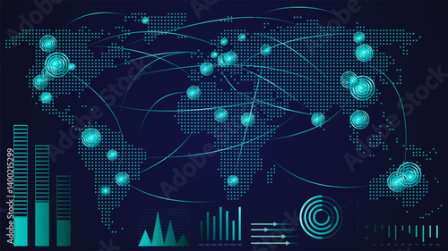 Obraz na płótnie Digital map with glowing nodes and lines connecting data points globally, surrounded by bar charts and circular indicators. Concept of global connectivity, innovation, data flow. Vector illustration. w salonie