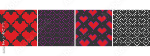 Pixel Art Heart shape Seamless pattern Red Purple Light on Dark Background St Valentine Day fond Set