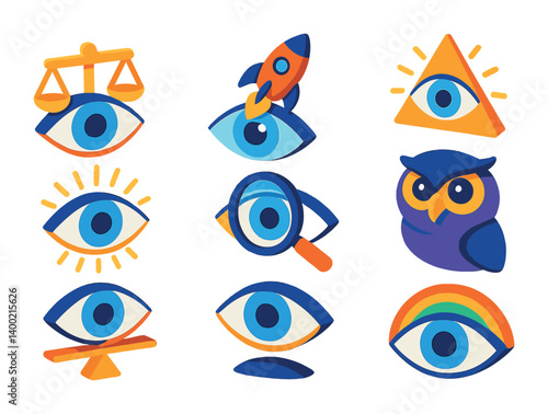 Isometric flat vector set of icons of metaphorical eyes: justice eye, visionary icon, all-seeing symbol, honest eye, clear view, wisdom gaze, balanced sight, eye of perception. isolated transparent