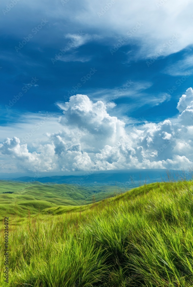 Obraz premium Green Rolling Hills Landscape with Dramatic Clouds Under a Blue Sky